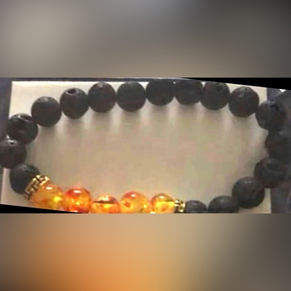 Dragon’s Breath Black Lava Rock & Orange Fire Beads Round Ball Stretchy Bracelet - Picture 4 of 4